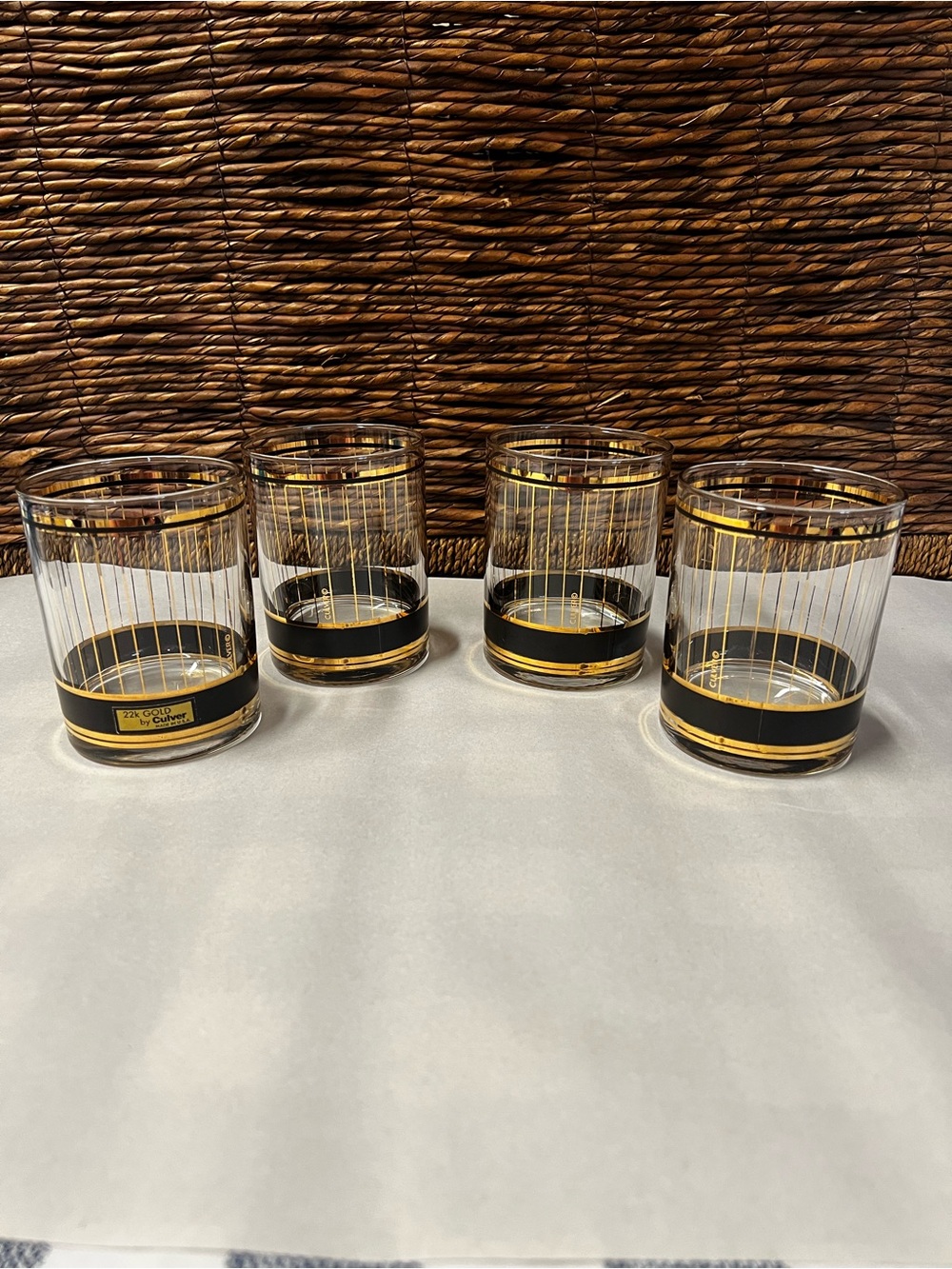 Culver Devon Black Double Old-Fashioned Glasses 22k Gold Stripes Set of 4 MCM